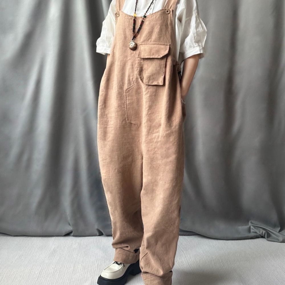 Handmade Flax Fabric Women's Loose and Adjustable-Waist, Casual Linen Overalls